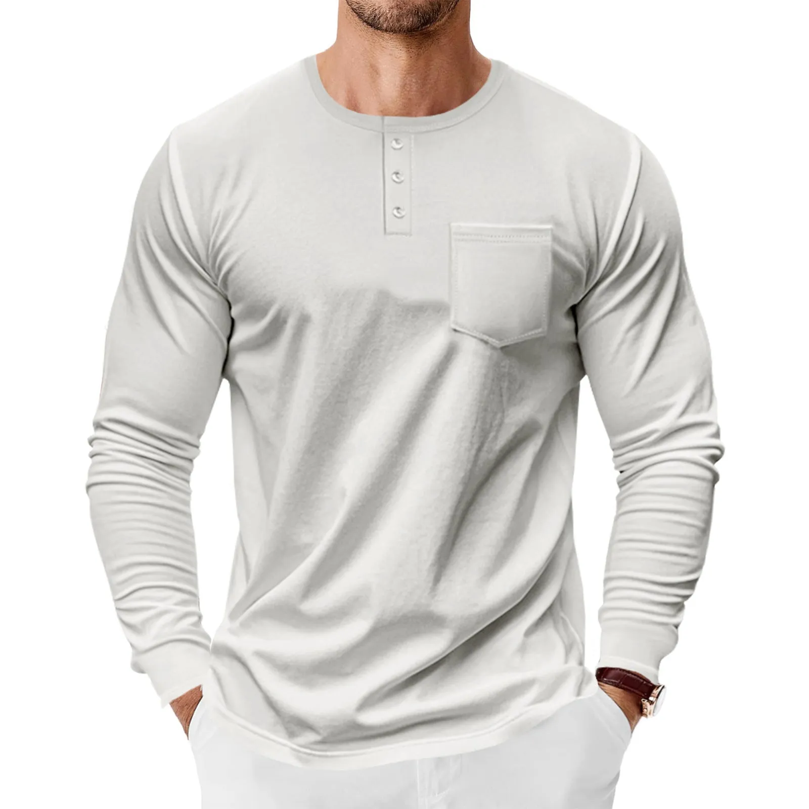 Men's spring autumn long sleeve Henley shirt slim fit pullover polyester available in 7 colours including khaki and denim blue