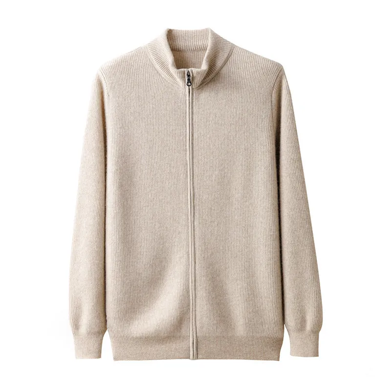 Men's cashmere round neck zip cardigan sweater in camel colour, long sleeves, winter wear
