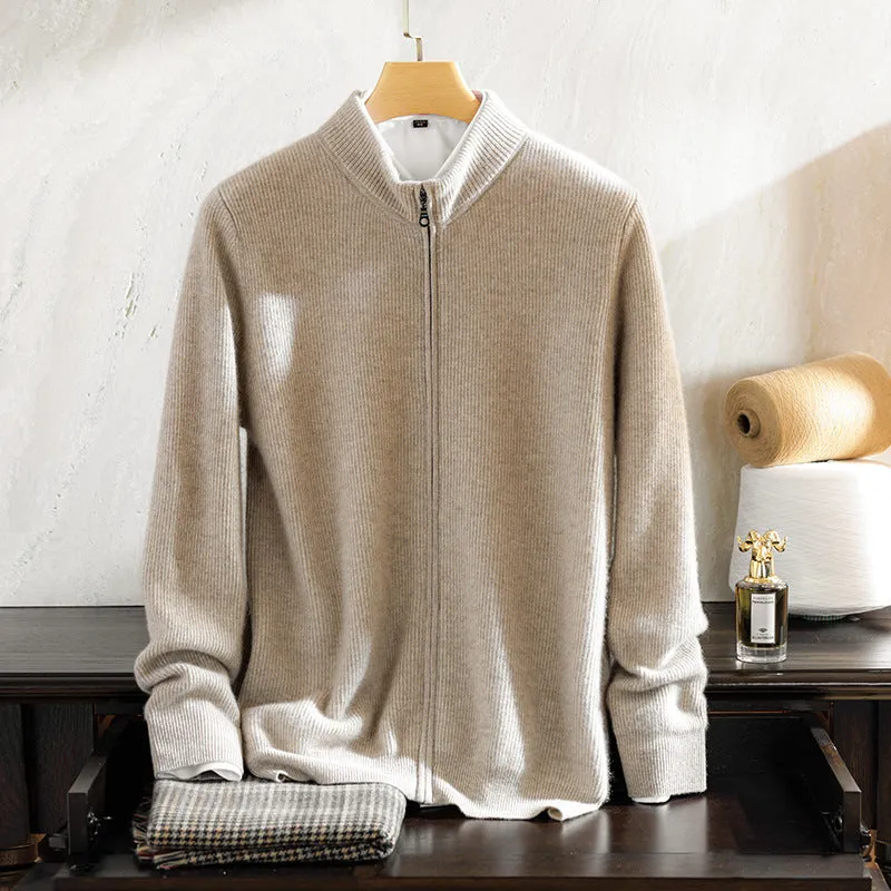 Men's cashmere round neck zip cardigan sweater in camel colour, long sleeves, winter wear