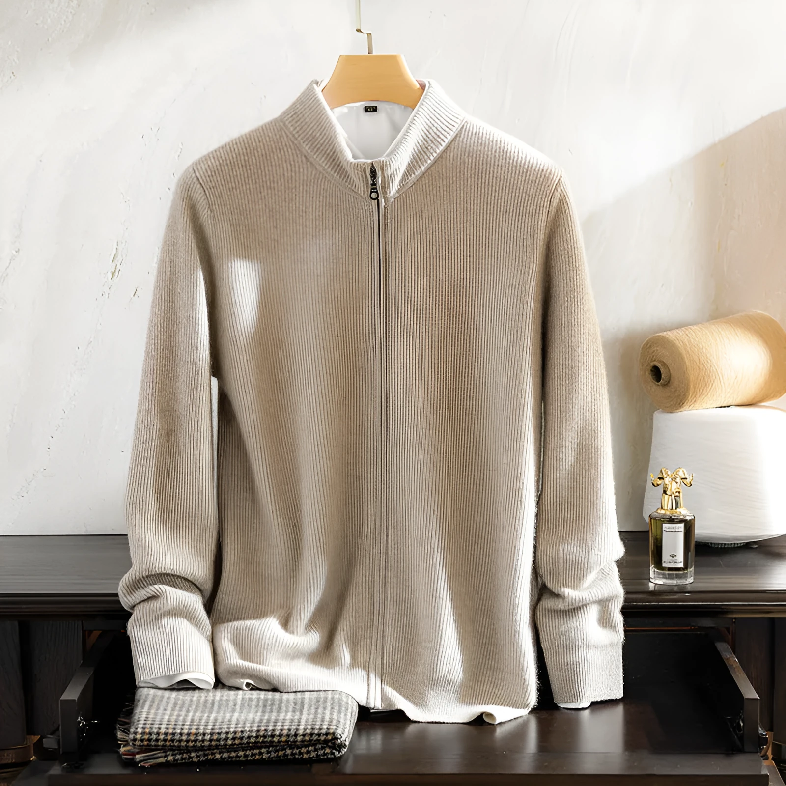 Men's cashmere round neck zip cardigan sweater in camel colour, long sleeves, winter wear