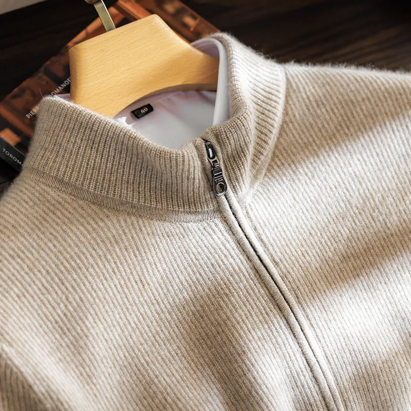 Men's cashmere round neck zip cardigan sweater in camel colour, long sleeves, winter wear