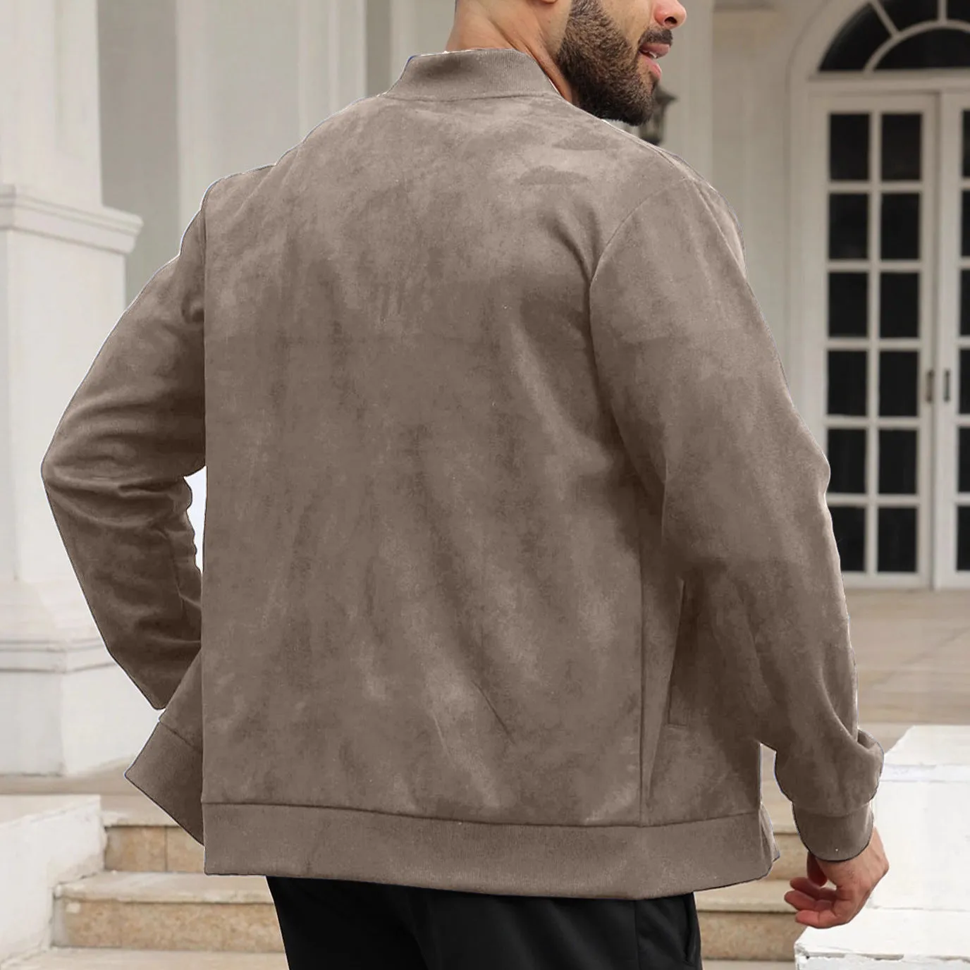 Men's solid colour suede fleece slim fit zip jacket, long sleeves, dart pockets, available in khaki, black, army green