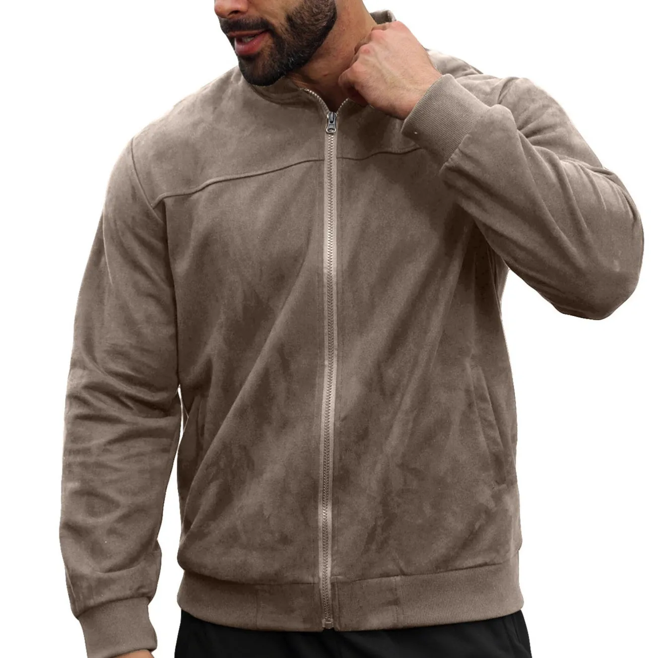 Men's solid colour suede fleece slim fit zip jacket, long sleeves, dart pockets, available in khaki, black, army green