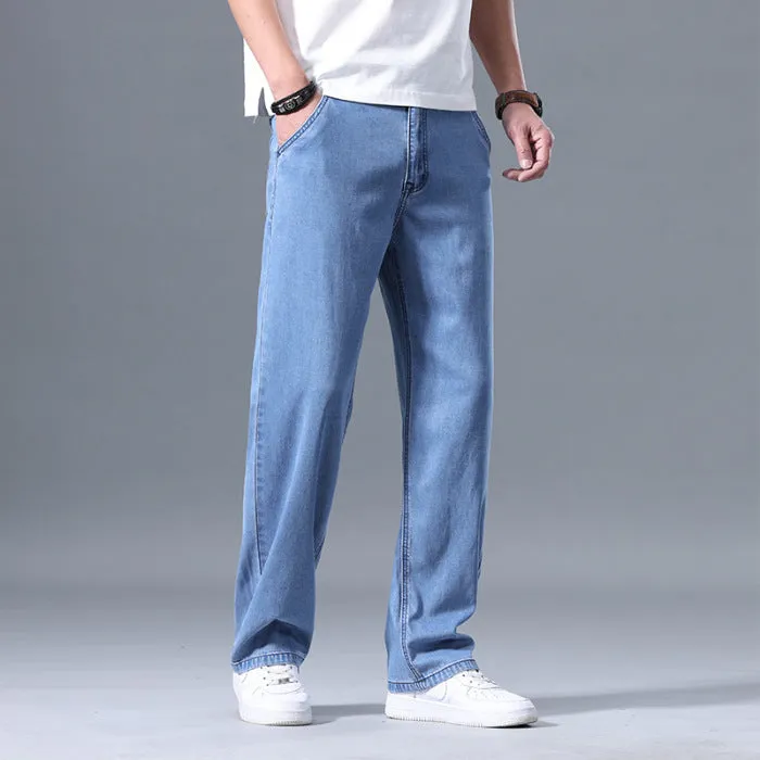Men's loose straight-leg lyocell jeans in light blue, blue grey, smoky grey or retro blue