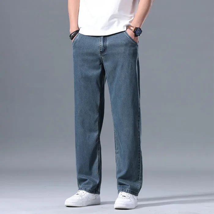 Men's loose straight-leg lyocell jeans in light blue, blue grey, smoky grey or retro blue