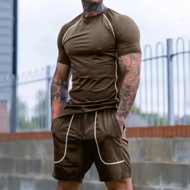 Men's sports running suit with short-sleeve T-shirt and shorts in black colour shown on model