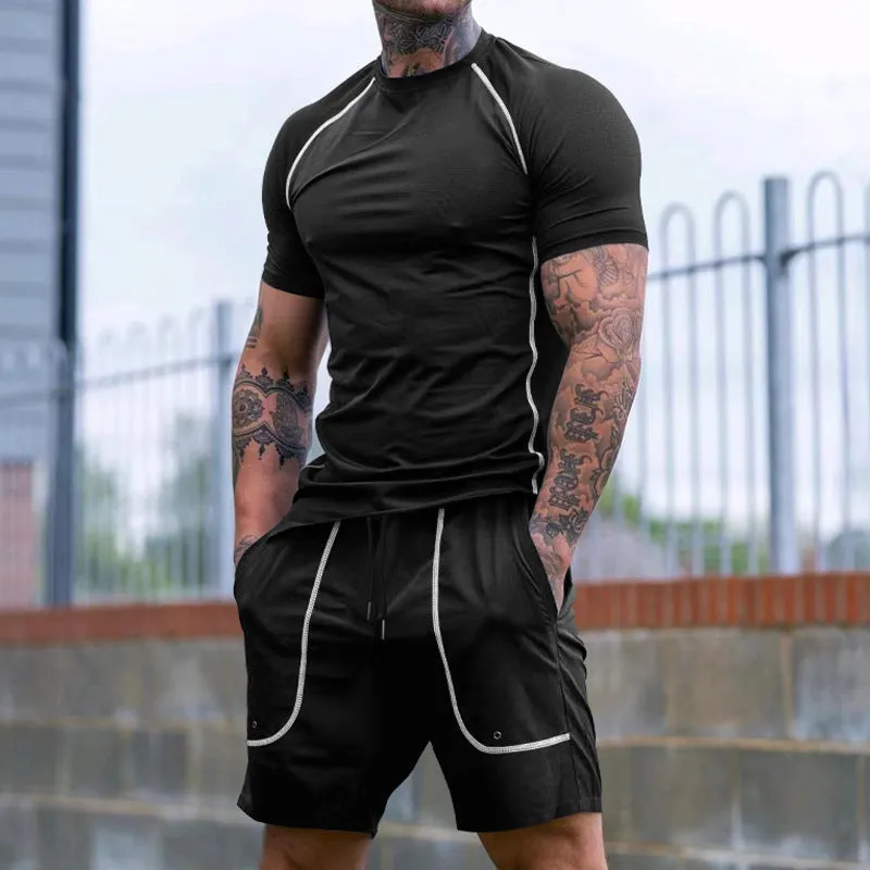 Men's sports running suit with short-sleeve T-shirt and shorts in black colour shown on model
