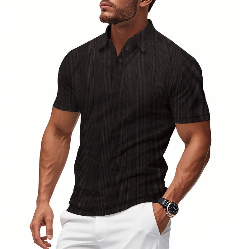 Men's short sleeve polo shirt with simple British style collar in loose fit, available in multiple colours including light gray and khaki
