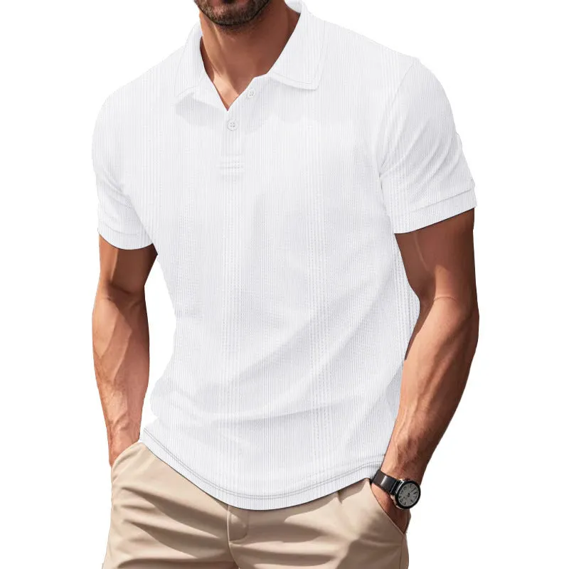 Men's short sleeve polo shirt with simple British style collar in loose fit, available in multiple colours including light gray and khaki