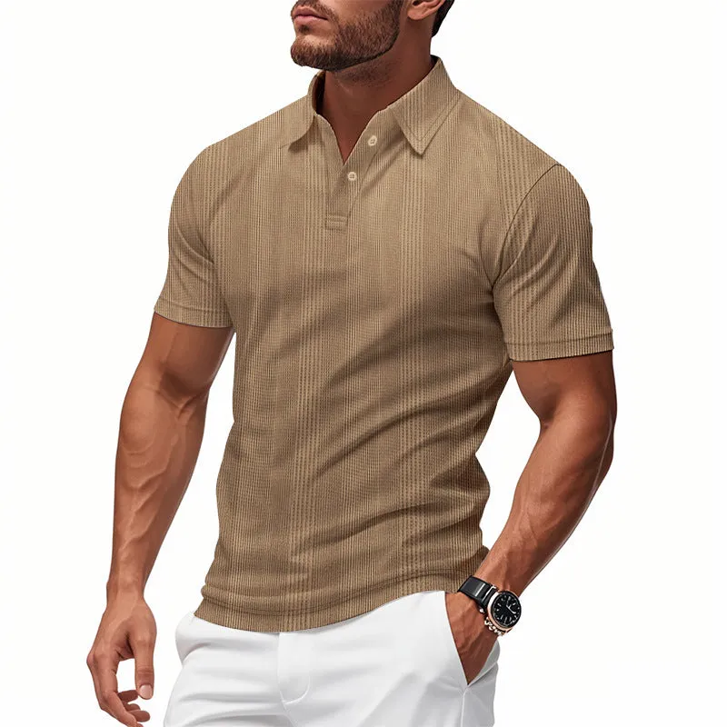 Men's short sleeve polo shirt with simple British style collar in loose fit, available in multiple colours including light gray and khaki