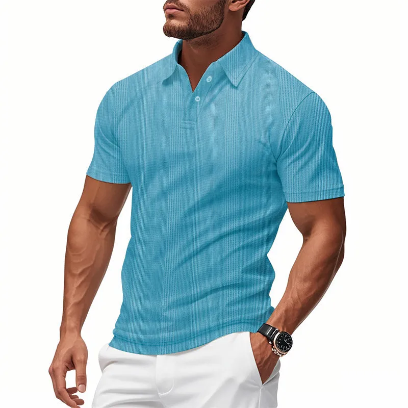 Men's short sleeve polo shirt with simple British style collar in loose fit, available in multiple colours including light gray and khaki