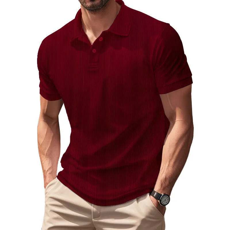 Men's short sleeve polo shirt with simple British style collar in loose fit, available in multiple colours including light gray and khaki
