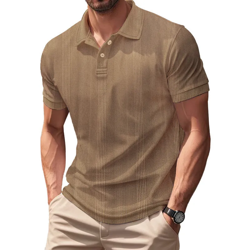 Men's short sleeve polo shirt with simple British style collar in loose fit, available in multiple colours including light gray and khaki