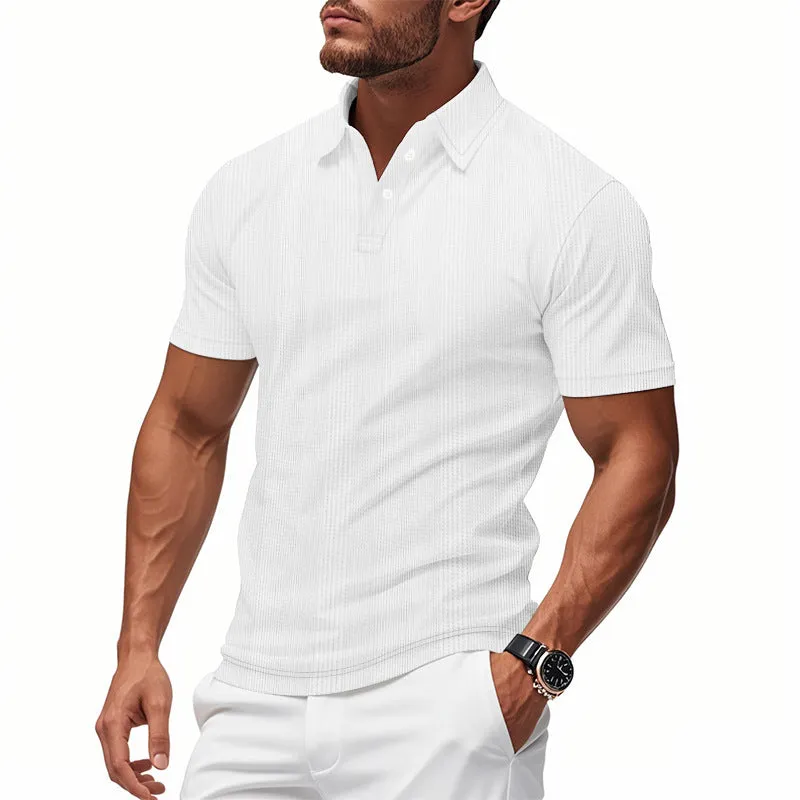 Men's short sleeve polo shirt with simple British style collar in loose fit, available in multiple colours including light gray and khaki