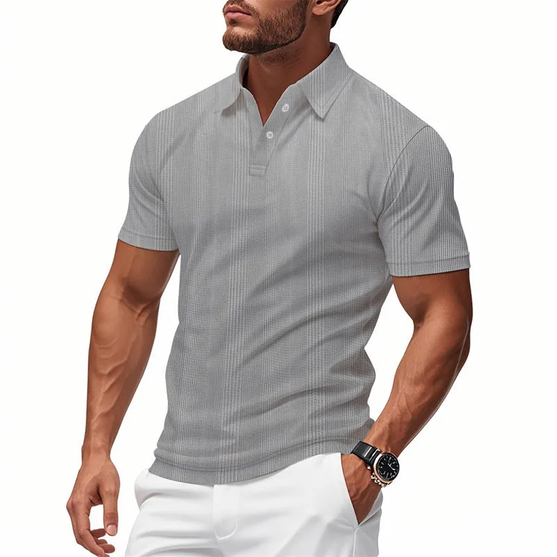 Men's short sleeve polo shirt with simple British style collar in loose fit, available in multiple colours including light gray and khaki