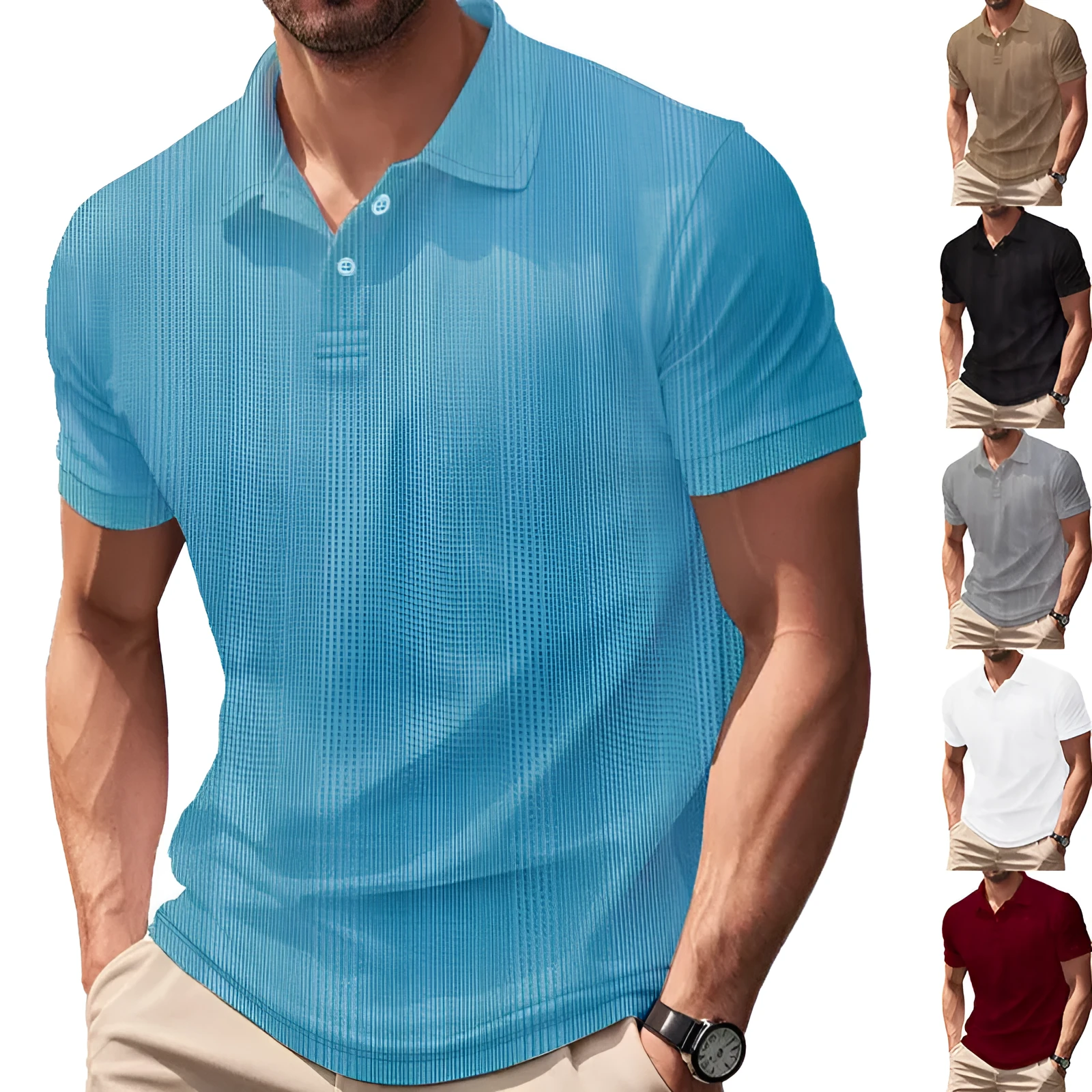 Men's short sleeve polo shirt with simple British style collar in loose fit, available in multiple colours including light gray and khaki