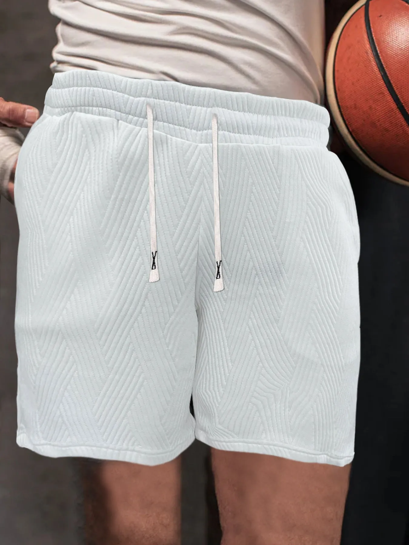 Men's drawstring loose brushed casual sports shorts in khaki, polyester fabric