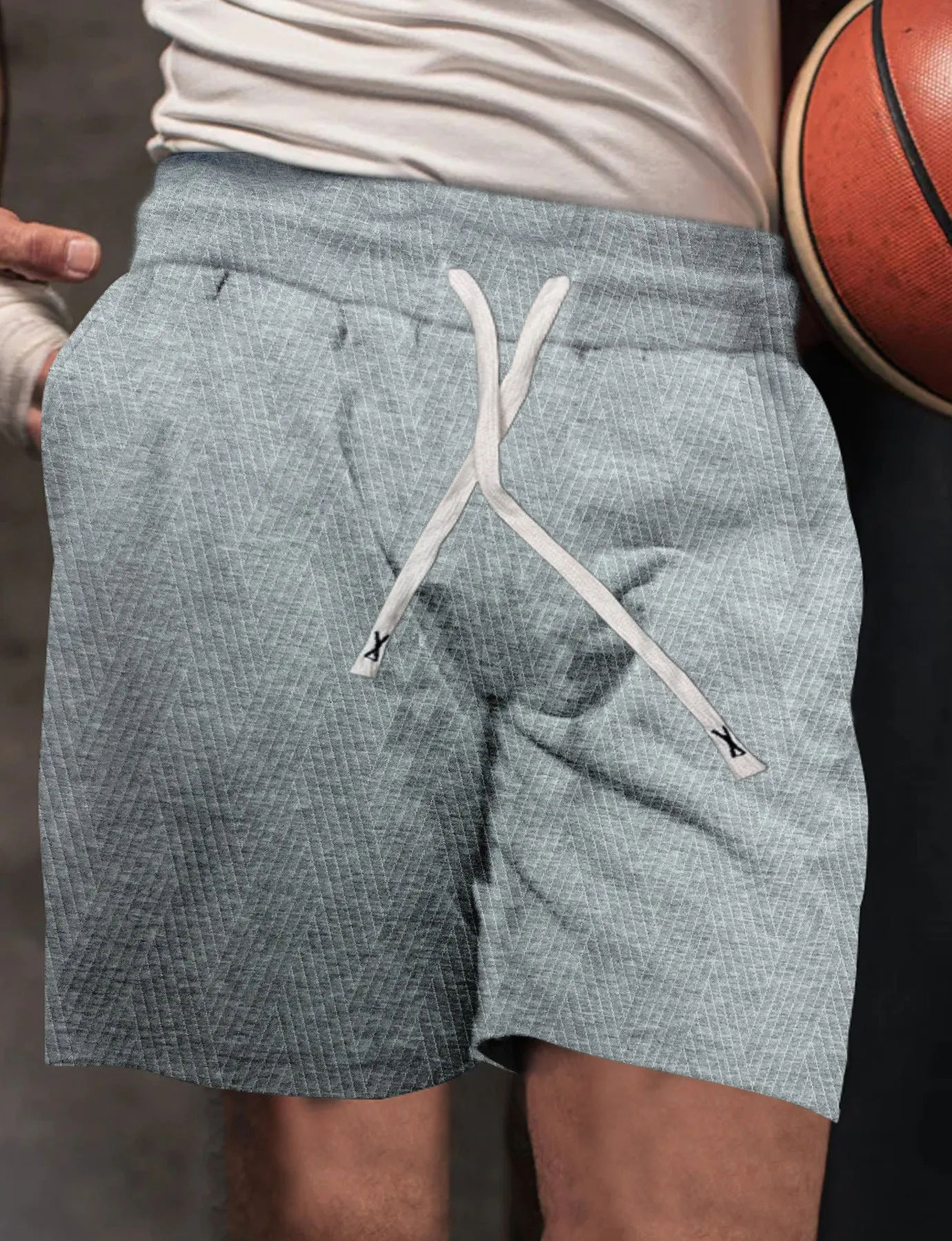 Men's drawstring loose brushed casual sports shorts in khaki, polyester fabric