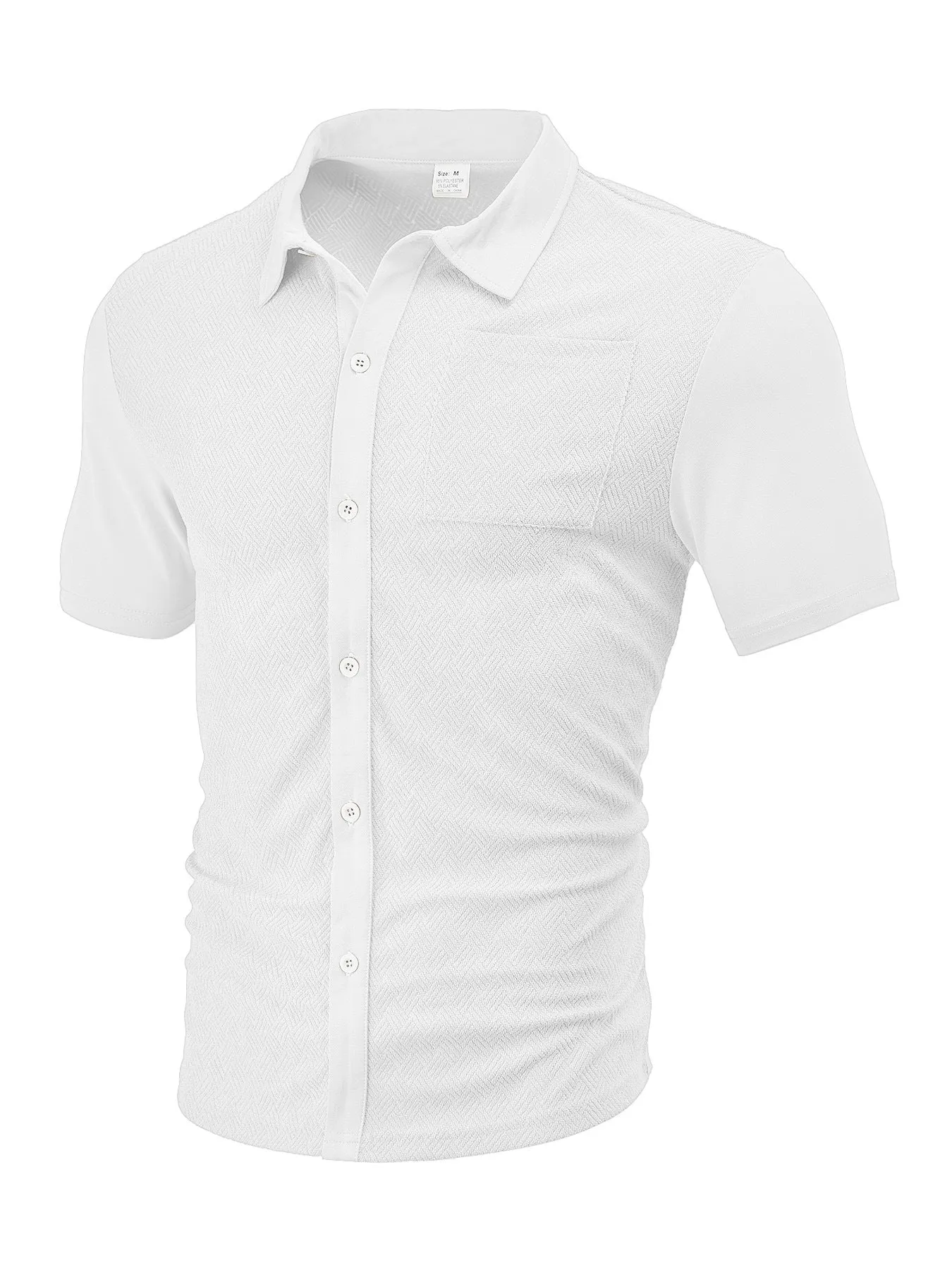Loose breathable polyester jacquard lapel cardigan short sleeve casual top in white, front view