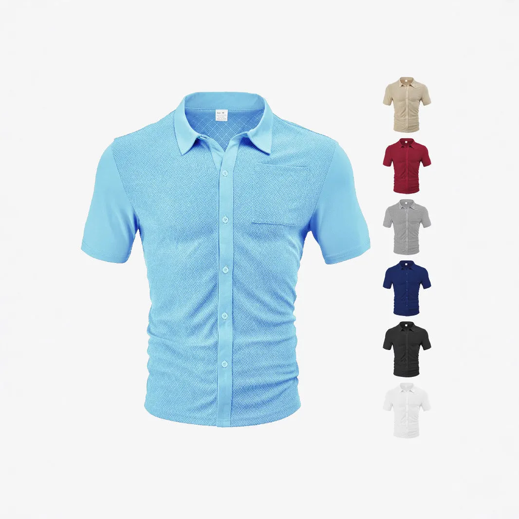 Loose breathable polyester jacquard lapel cardigan short sleeve casual top in white, front view
