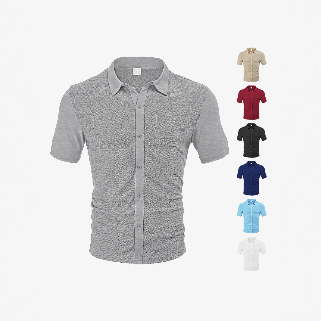 Loose breathable polyester jacquard lapel cardigan short sleeve casual top in white, front view
