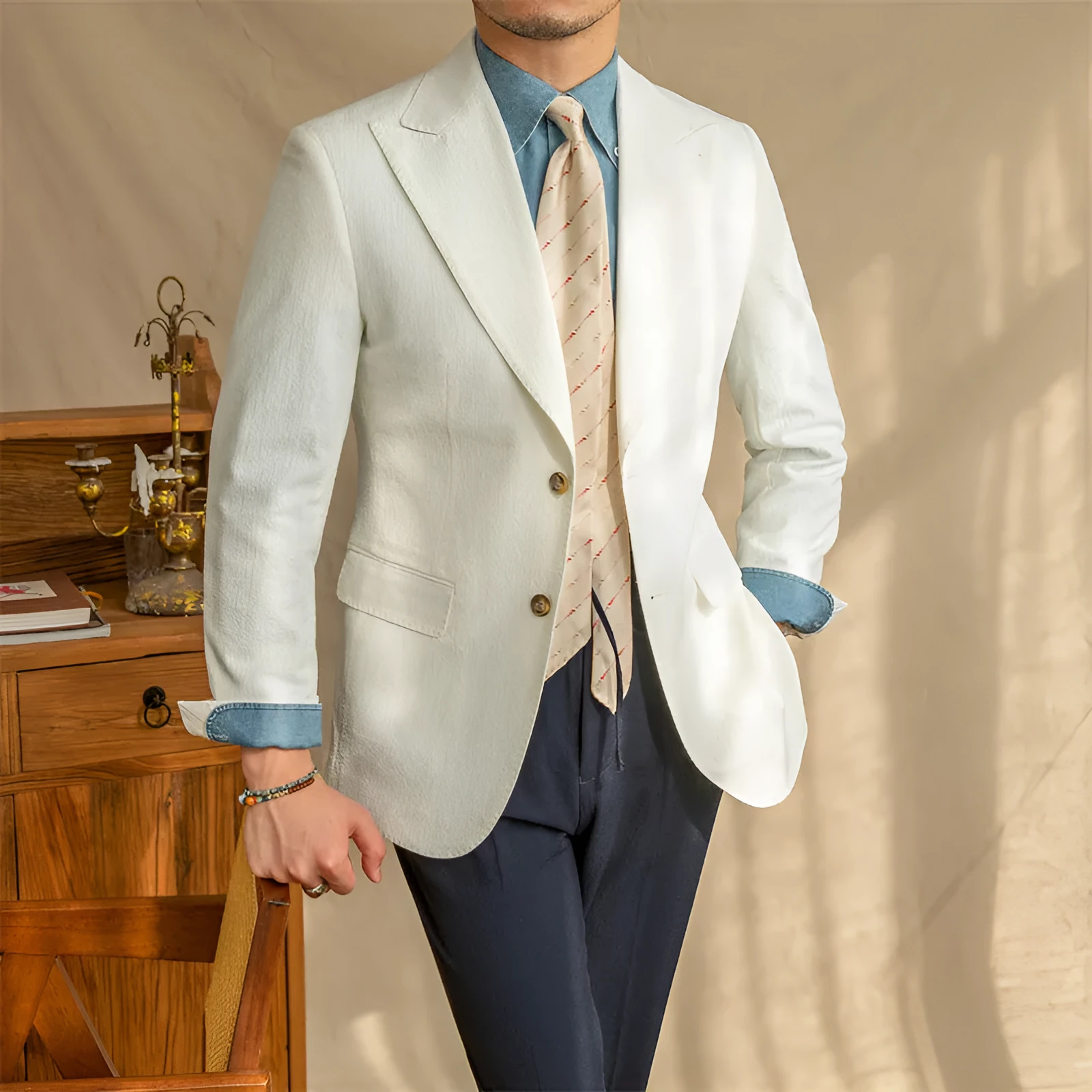 Half-lined seersucker gun lapel jacket in white with double-breasted buttons and long sleeves