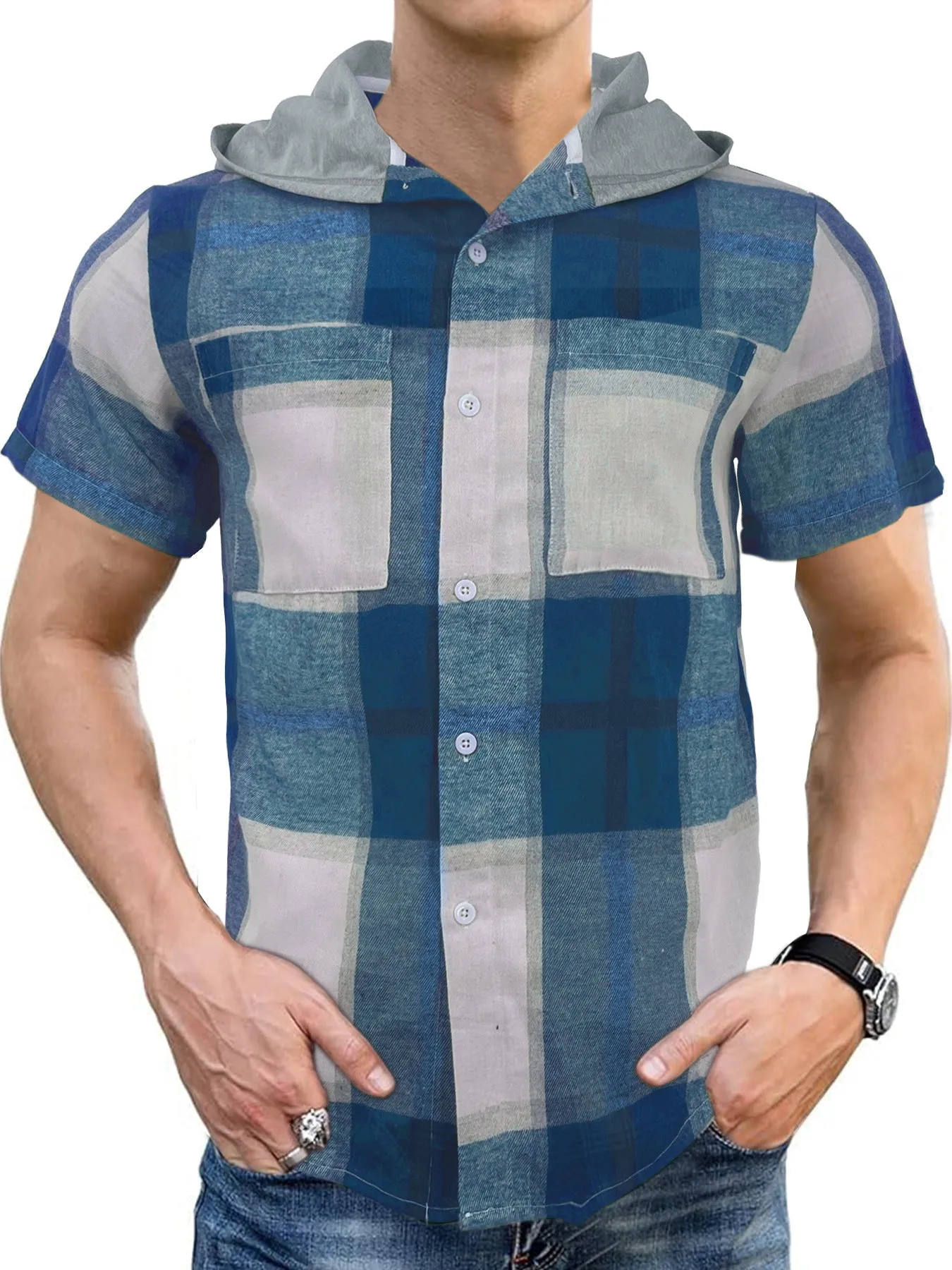 Men's casual hooded short-sleeved plaid shirt in green plaid polyester