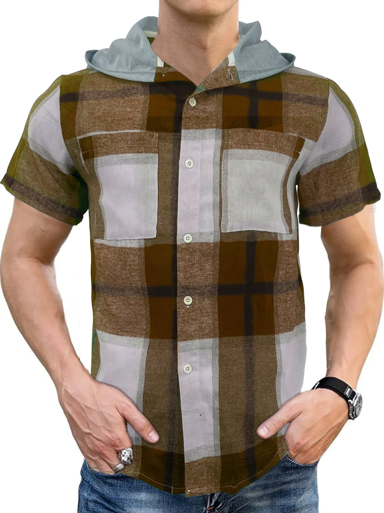 Men's casual hooded short-sleeved plaid shirt in green plaid polyester