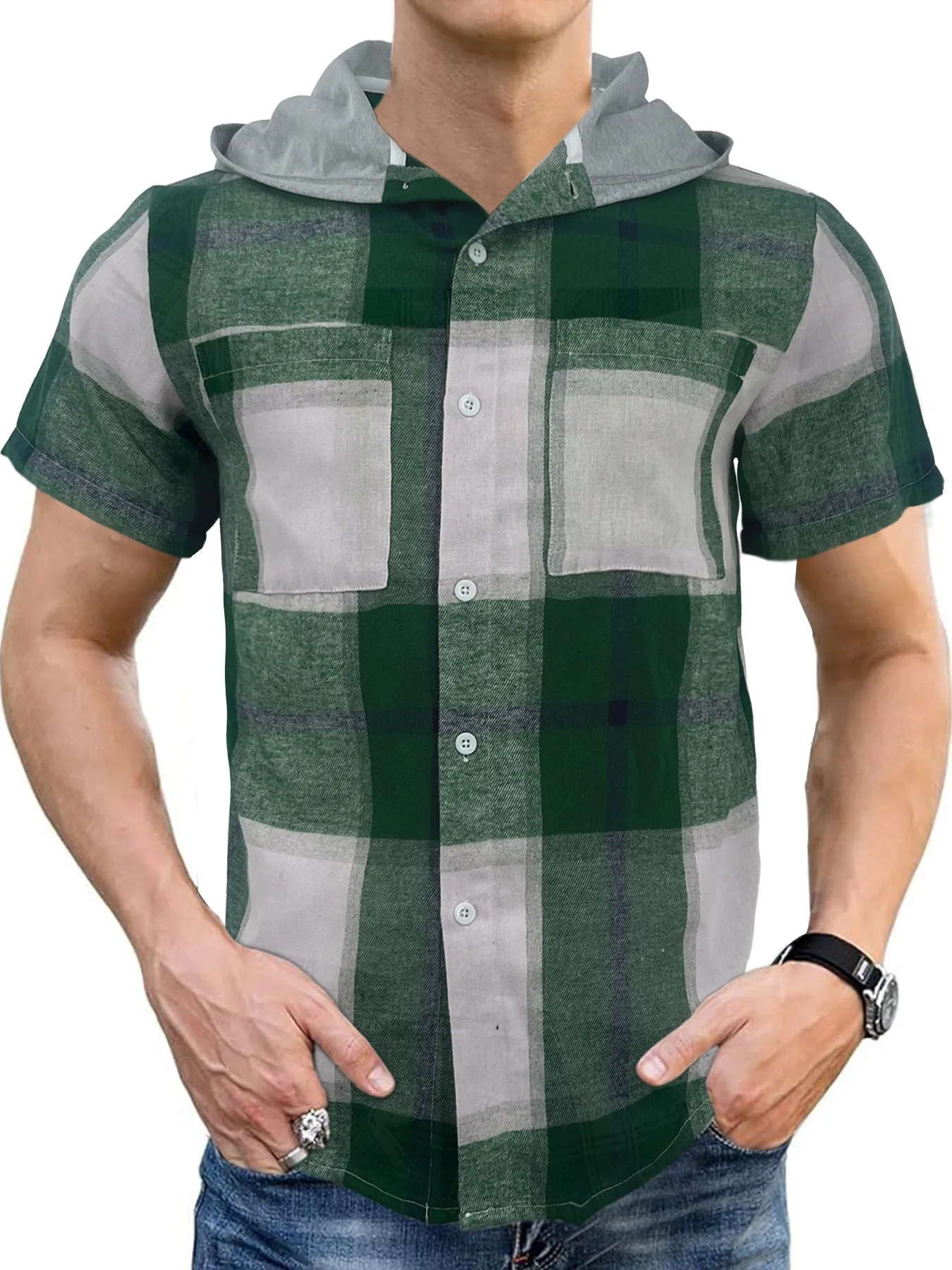 Men's casual hooded short-sleeved plaid shirt in green plaid polyester