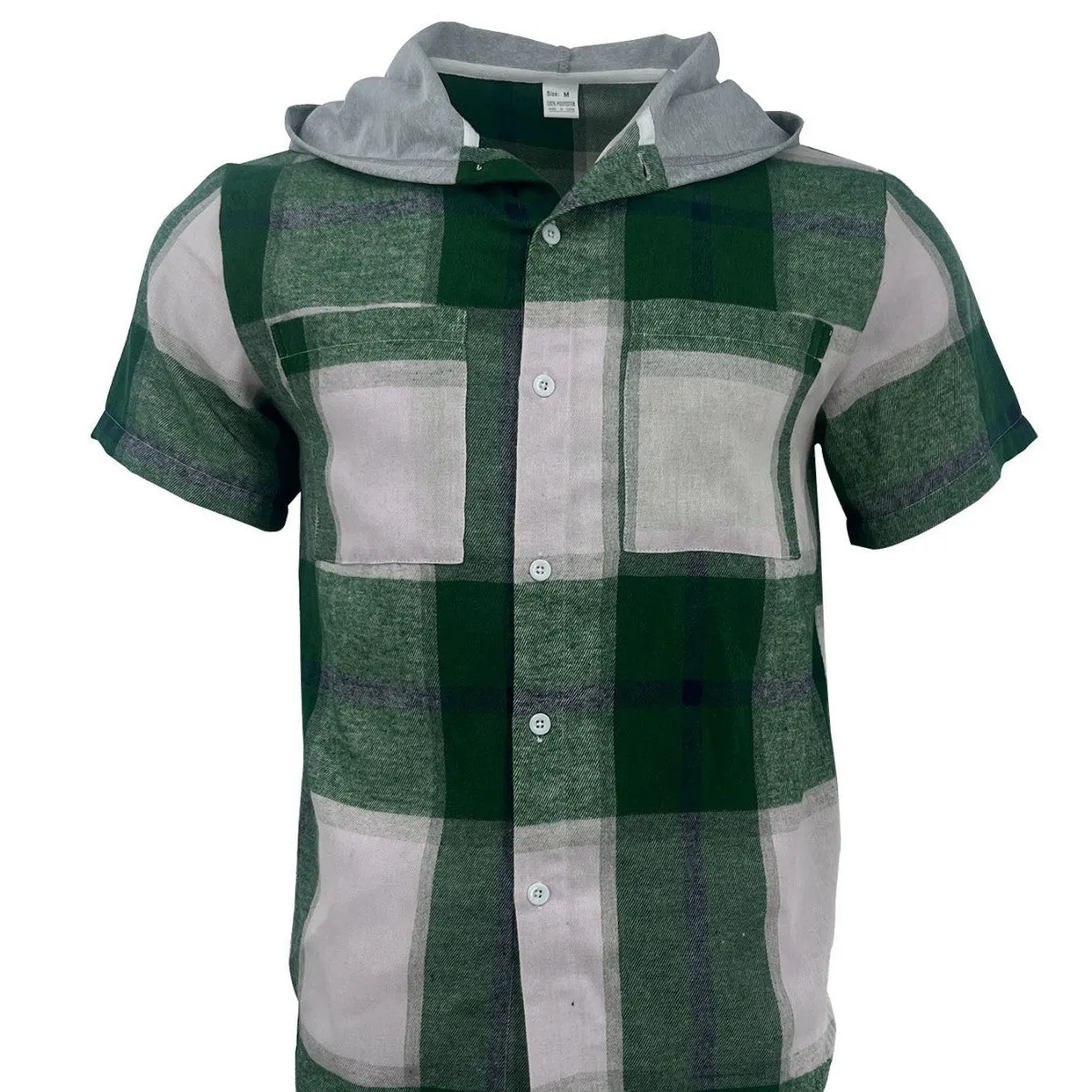 Men's casual hooded short-sleeved plaid shirt in green plaid polyester