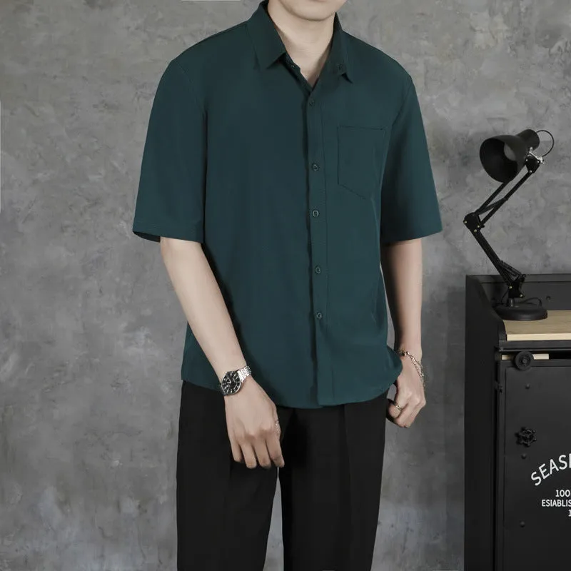 Men's solid colour short sleeve cotton blend casual shirt with loose fit in black white light green dark green sizes S to XXXL