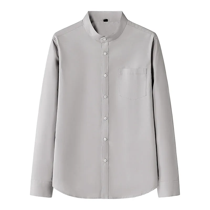 Men's stand collar long sleeve slim fit pocket shirt in black, white, and gray colours, front view