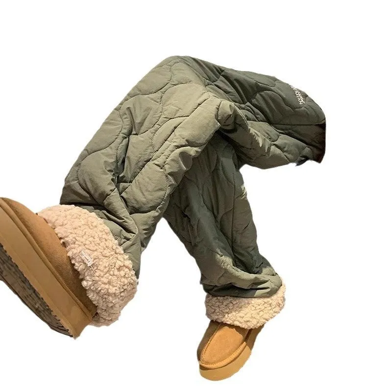 Men's fleece-lined down pants in black with drawstring waist and belt for cold weather warmth