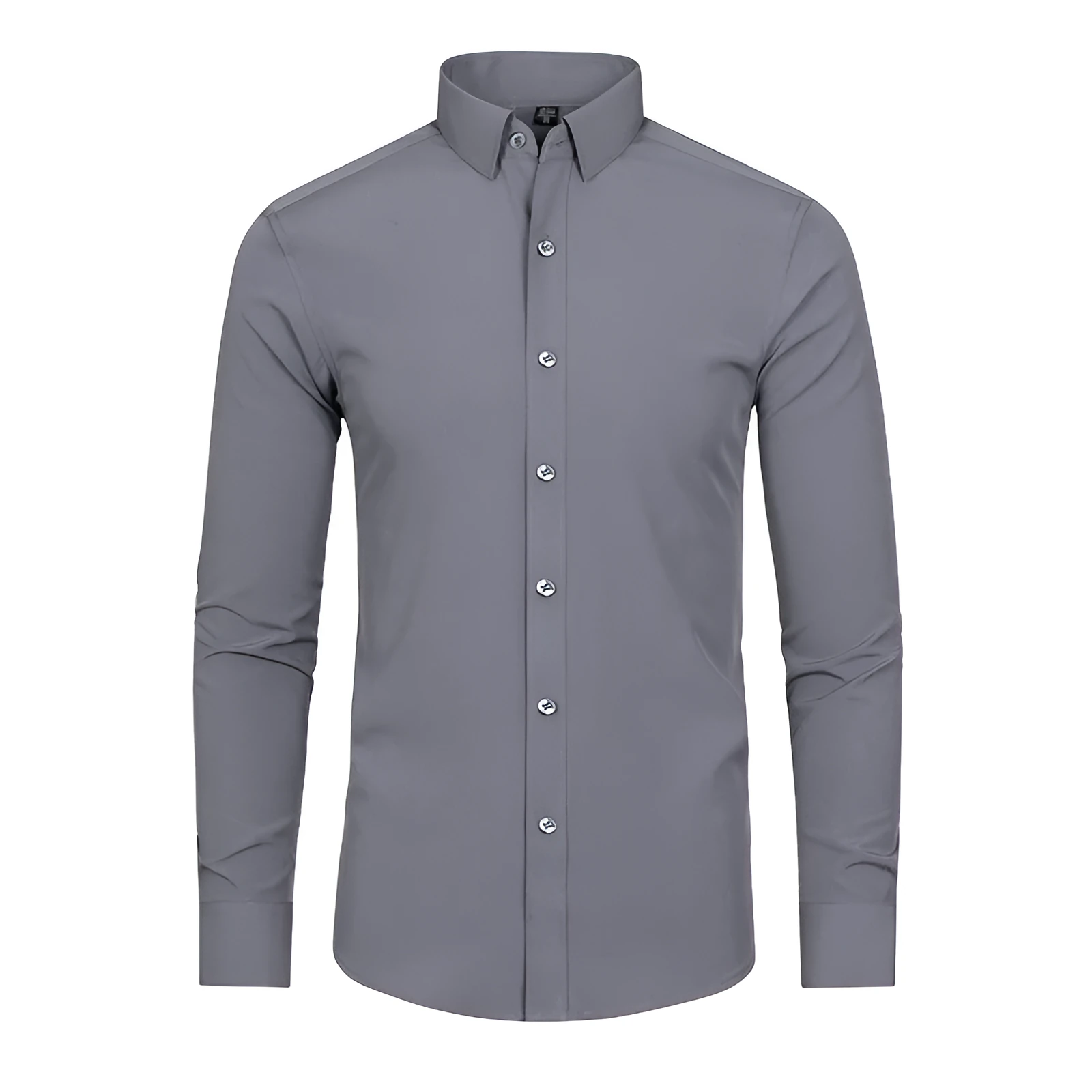 Men's solid gray non-iron four-way stretch polyester long-sleeved shirt with cardigan front, Asian sizes 38-48