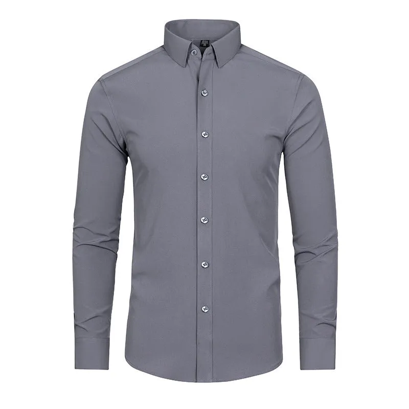 Men's solid gray non-iron four-way stretch polyester long-sleeved shirt with cardigan front, Asian sizes 38-48