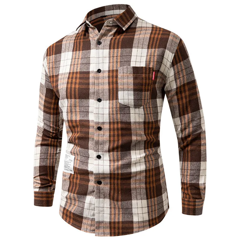 Men's long-sleeved plaid casual Korean-style versatile top shirt cardigan, loose fit, brown grid, polyester