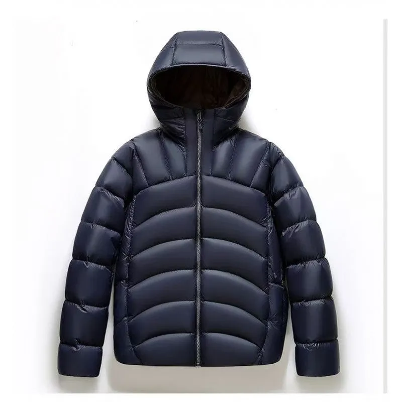Unisex hooded down jacket in solid colour with high down content for winter casual wear