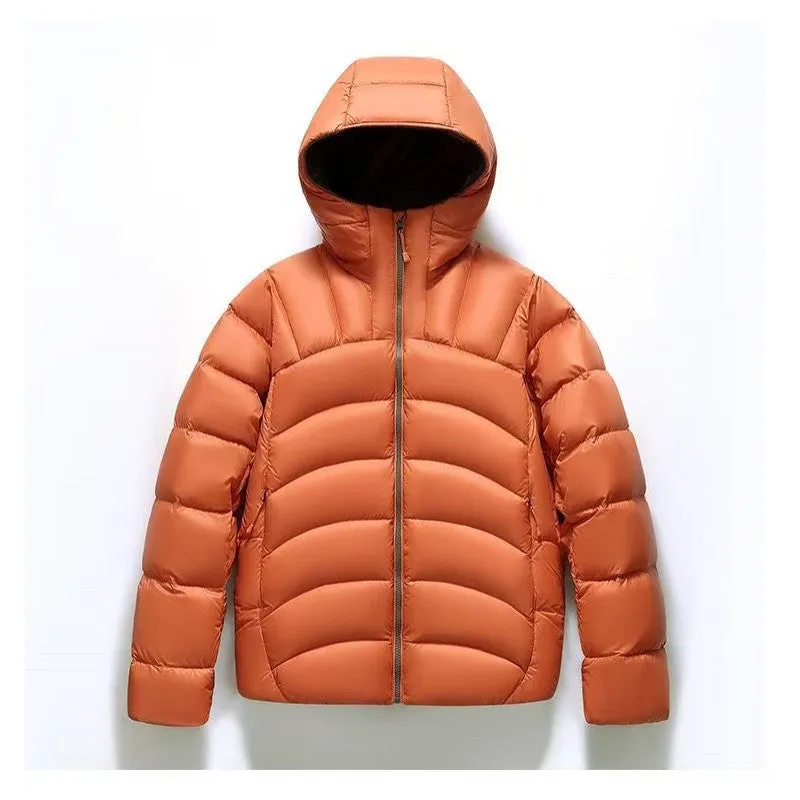 Unisex hooded down jacket in solid colour with high down content for winter casual wear