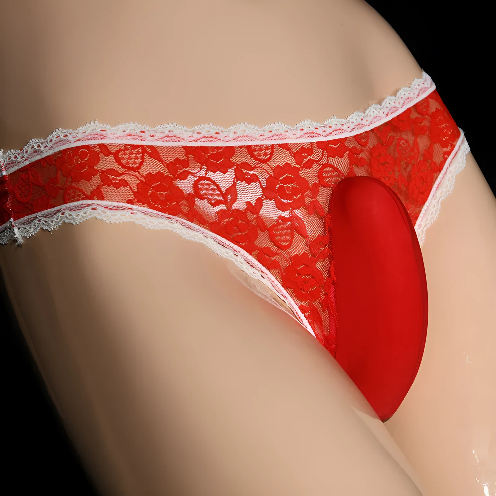 Men's low waist lace underwear briefs showing the vertical front pocket design in black.