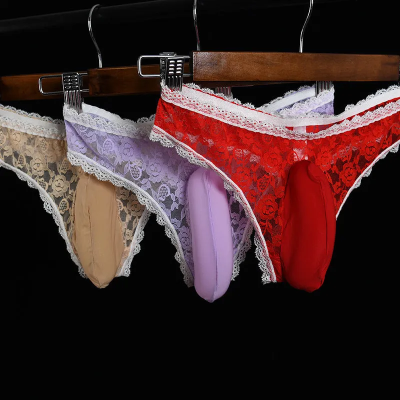 Men's low waist lace underwear briefs showing the vertical front pocket design in black.