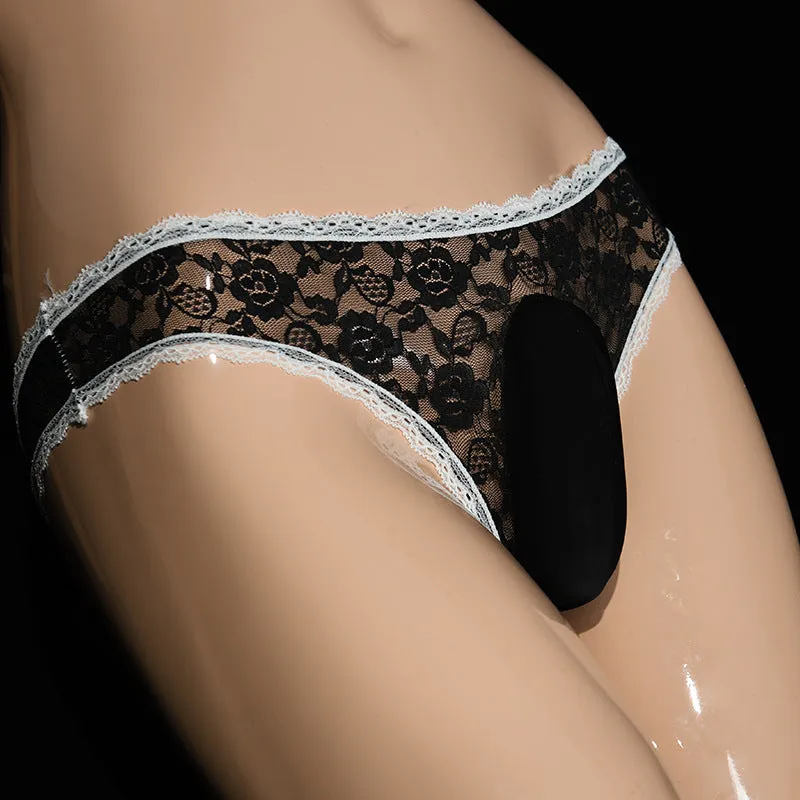 Men's low waist lace underwear briefs showing the vertical front pocket design in black.