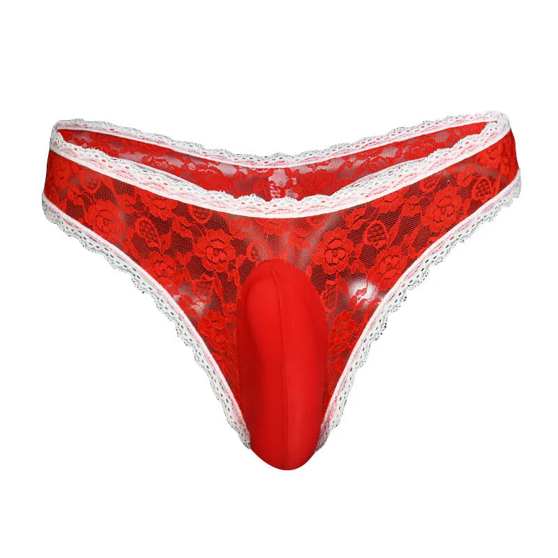 Men's low waist lace underwear briefs showing the vertical front pocket design in black.