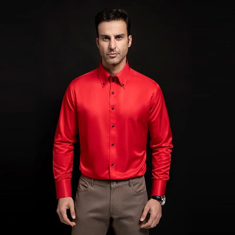 SpringAutumn men's high-neck slim fit polyester shirt with crystal buttons in solid colour