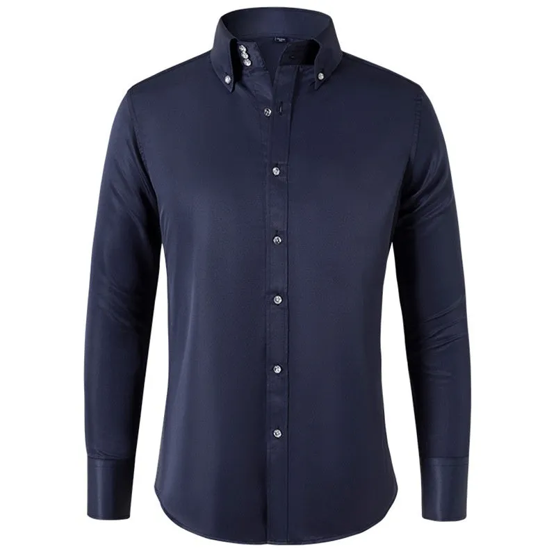 SpringAutumn men's high-neck slim fit polyester shirt with crystal buttons in solid colour
