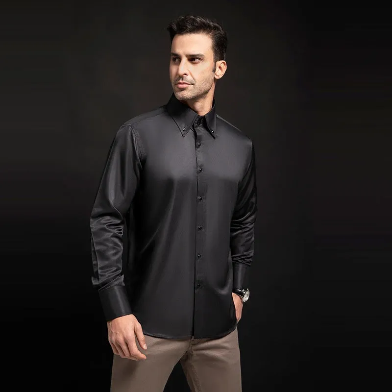SpringAutumn men's high-neck slim fit polyester shirt with crystal buttons in solid colour