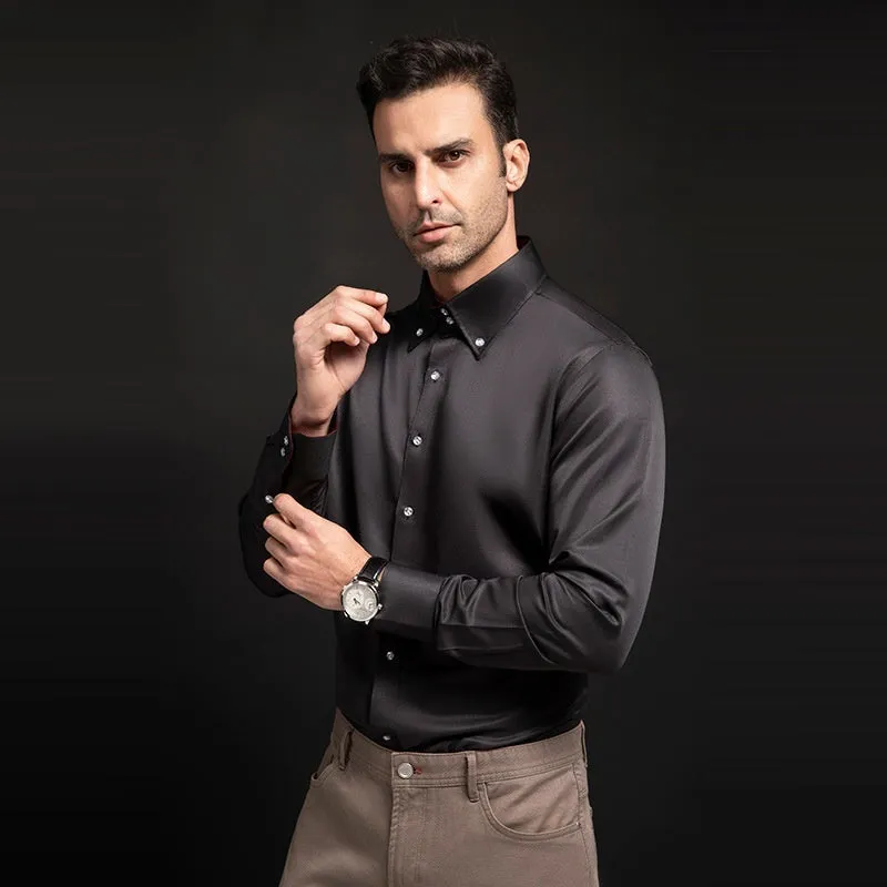 SpringAutumn men's high-neck slim fit polyester shirt with crystal buttons in solid colour