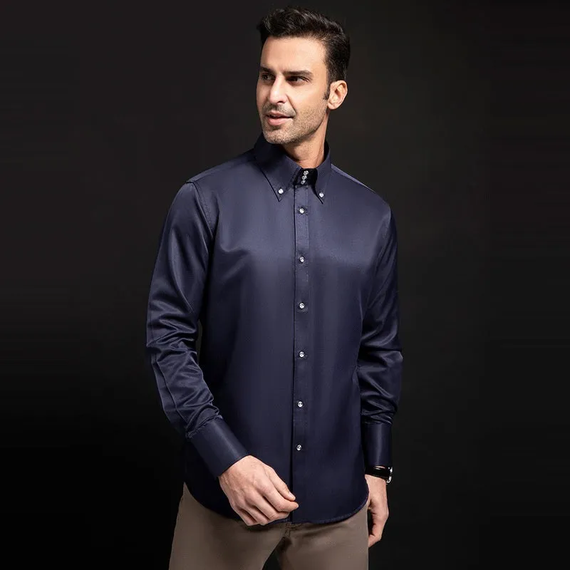 SpringAutumn men's high-neck slim fit polyester shirt with crystal buttons in solid colour