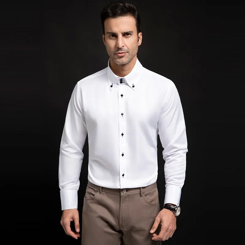 SpringAutumn men's high-neck slim fit polyester shirt with crystal buttons in solid colour