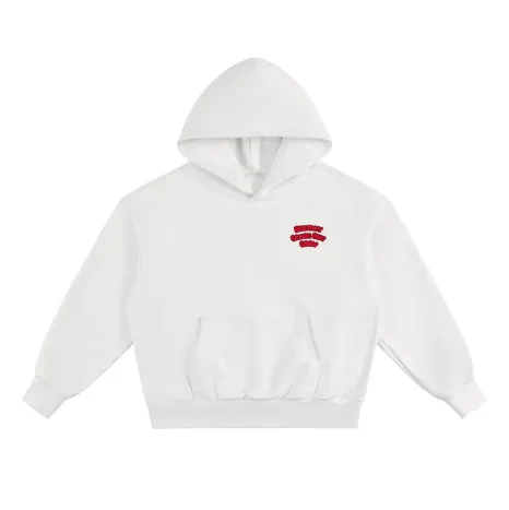White thin no-drawstring hooded pocket sweatshirt for women, loose fit pullover with printed details, front view