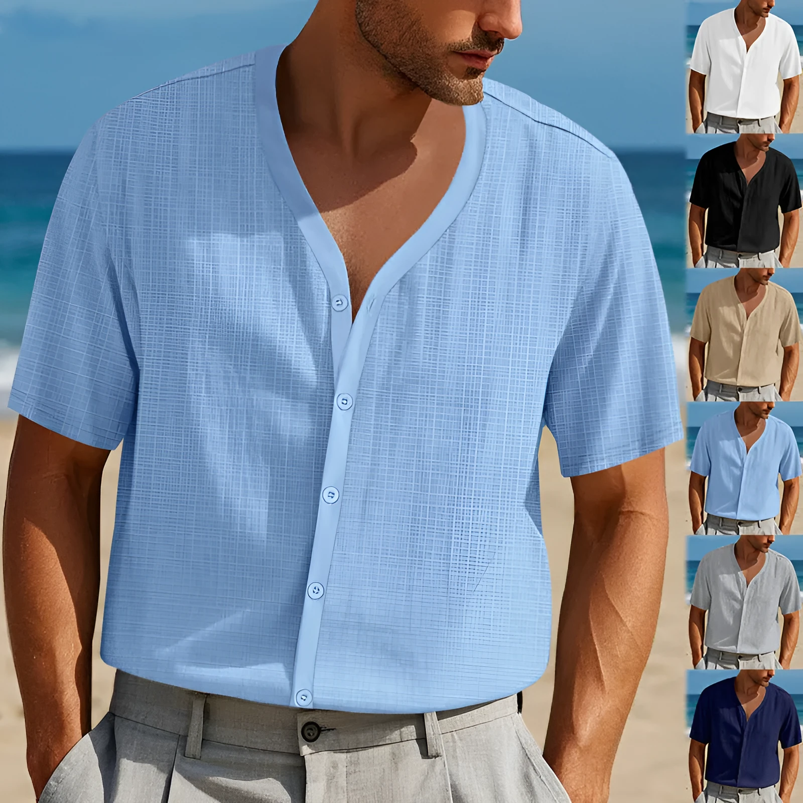 Men's loose bamboo imitation linen short-sleeved Henley shirt in solid colour, front view